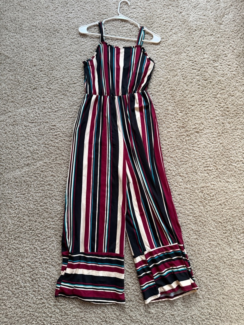 Caution To The Wind Striped Jumpsuit in Burgundy, Navy, Cream, and Teal